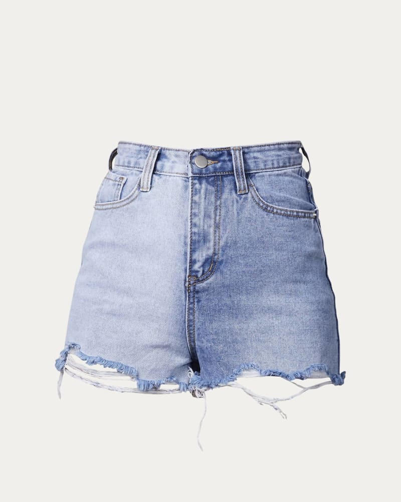 Front of a model wearing a size L Two-Tone Colorblocked Denim Short In Light Denim in Light Denim by DESSIN STUDIO. | dia_product_style_image_id:347709